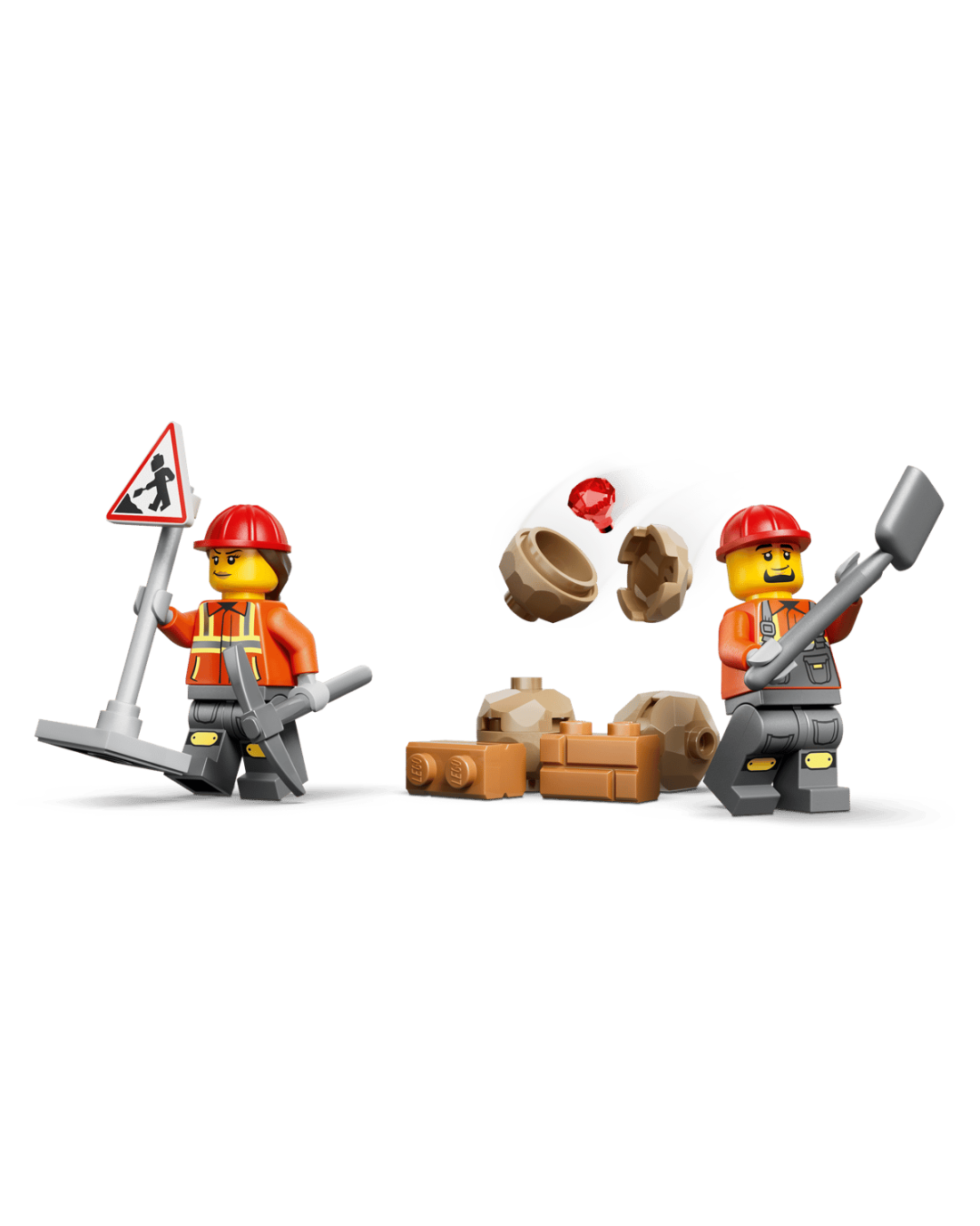 Two LEGO 60480 Yellow Backhoe Loader V2 construction worker minifigures in front of white background