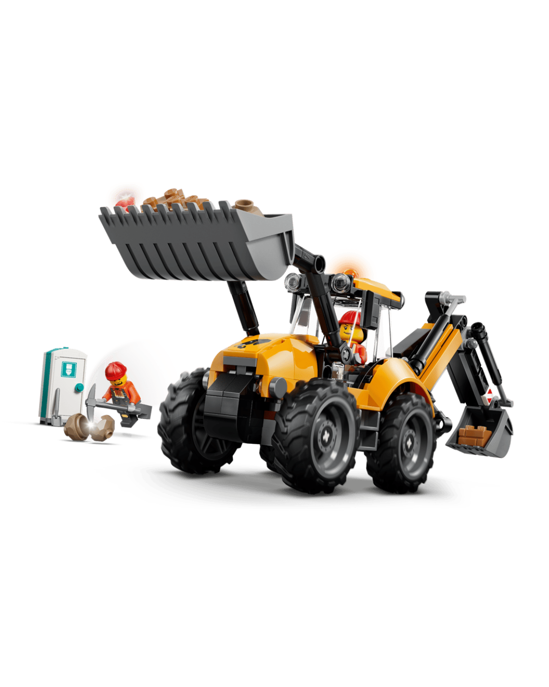 LEGO 60480 Yellow Backhoe Loader V2 in front of white background.