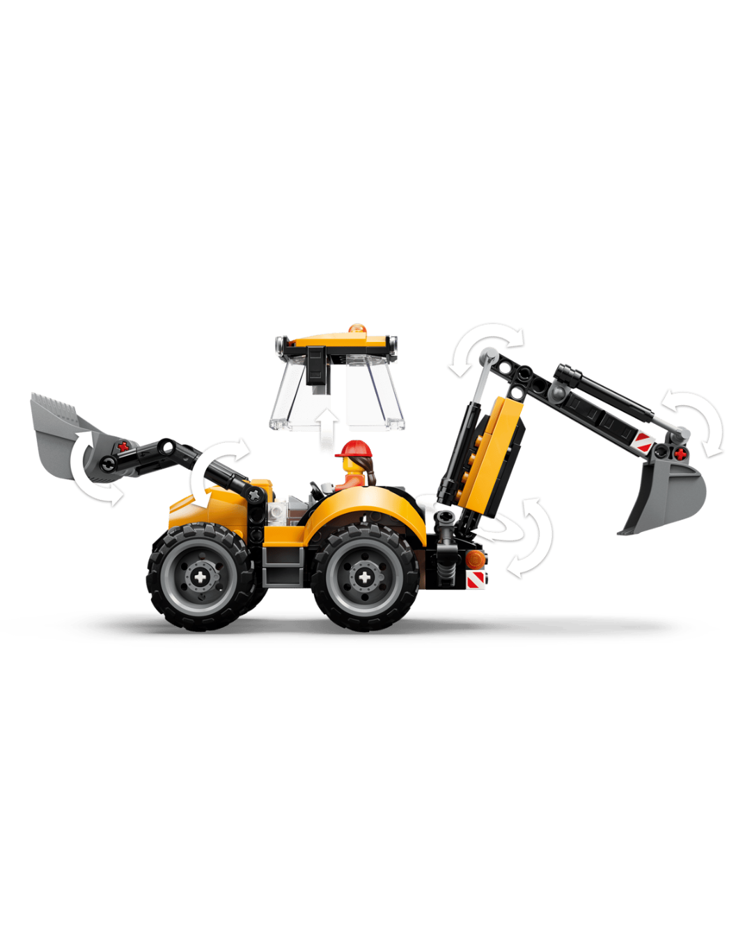Sideview of LEGO 60480 Yellow Backhoe Loader V2  in front of white background showing movable features.