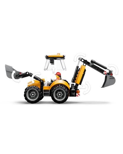 Sideview of LEGO 60480 Yellow Backhoe Loader V2  in front of white background showing movable features.