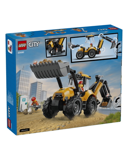 LEGO 60480 Yellow Backhoe Loader V2 product box in front of white background.