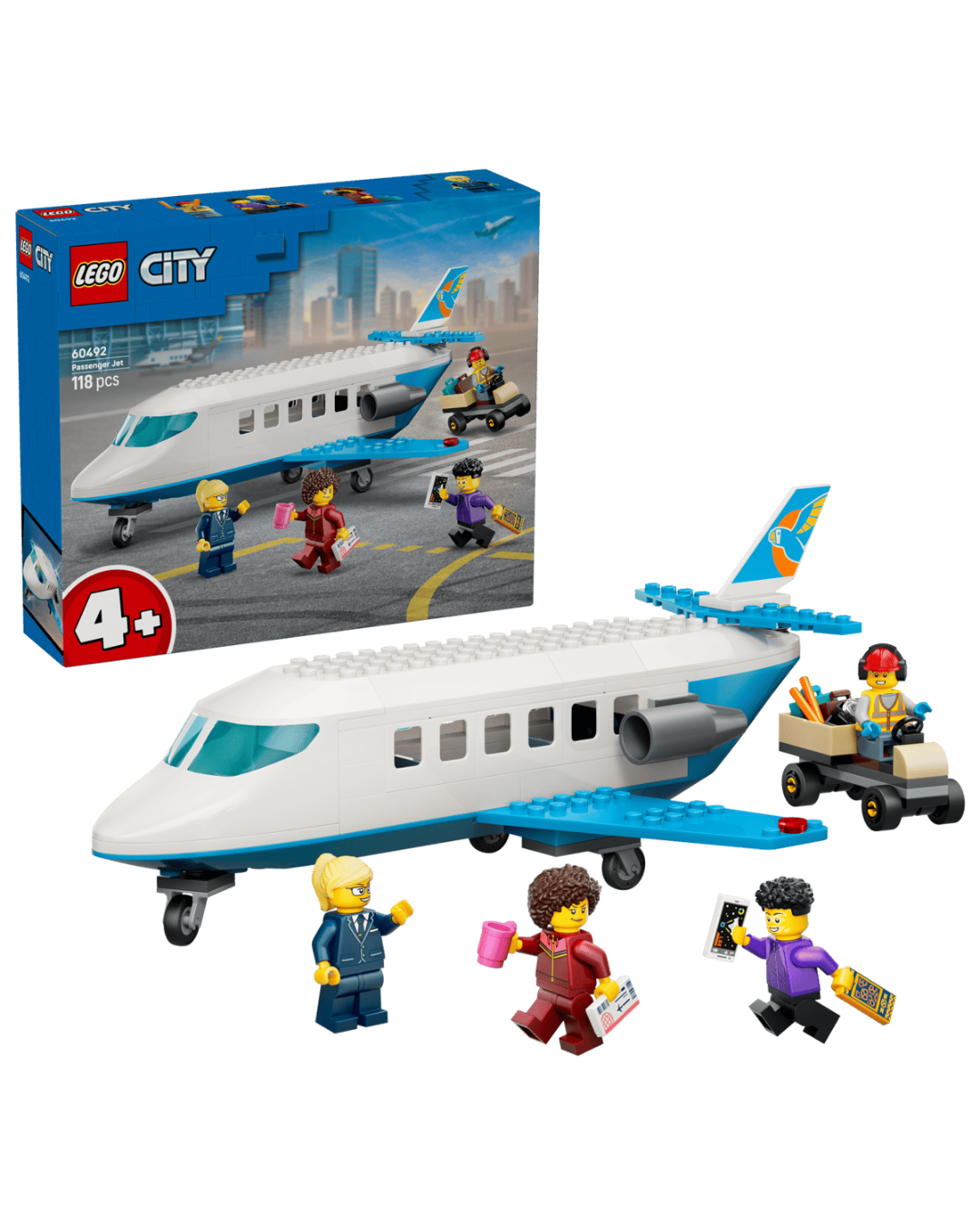 LEGO 60492 Passenger Jet and  four flight crew minifigures in front of product box and white background