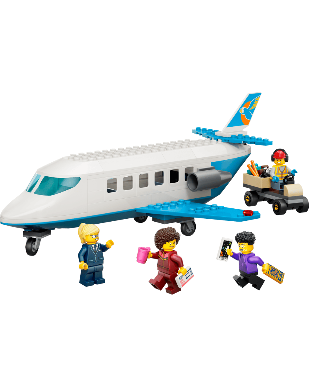 LEGO 60492 Passenger Jet and  four flight crew minifigures in front of white background