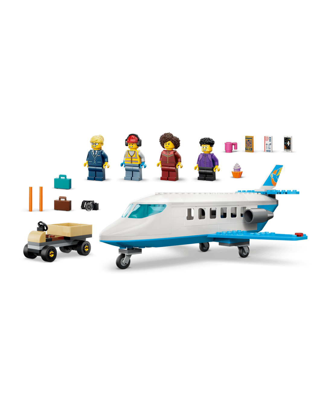 LEGO 60492 Passenger Jet minifigures and accessories lined up in front of white background