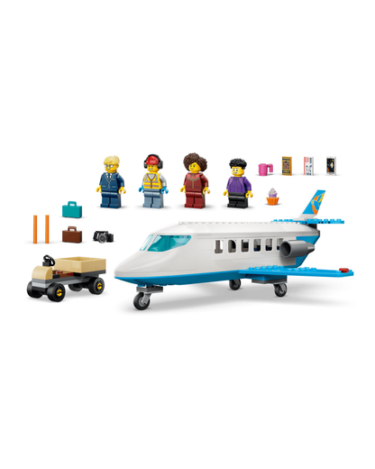LEGO 60492 Passenger Jet minifigures and accessories lined up in front of white background
