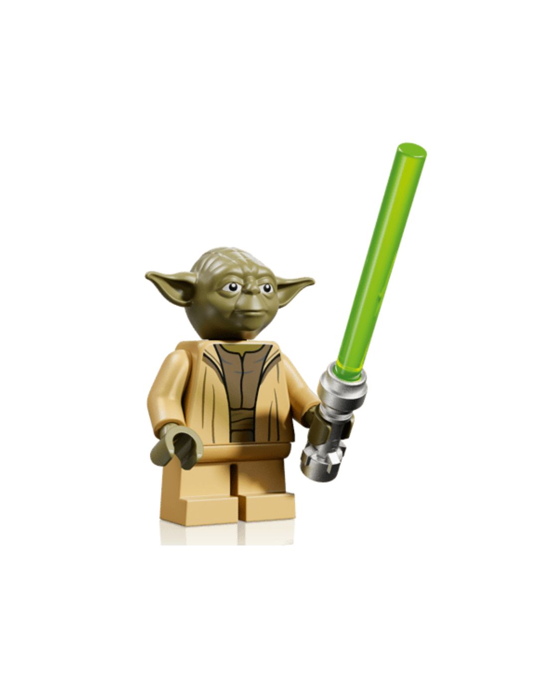 LEGO Yoda MINI figure holding a green light saber on a white background