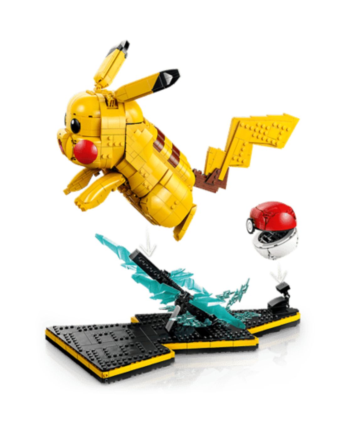 Toy figure of a yellow creature with red cheeks and a small white figure on a white background
