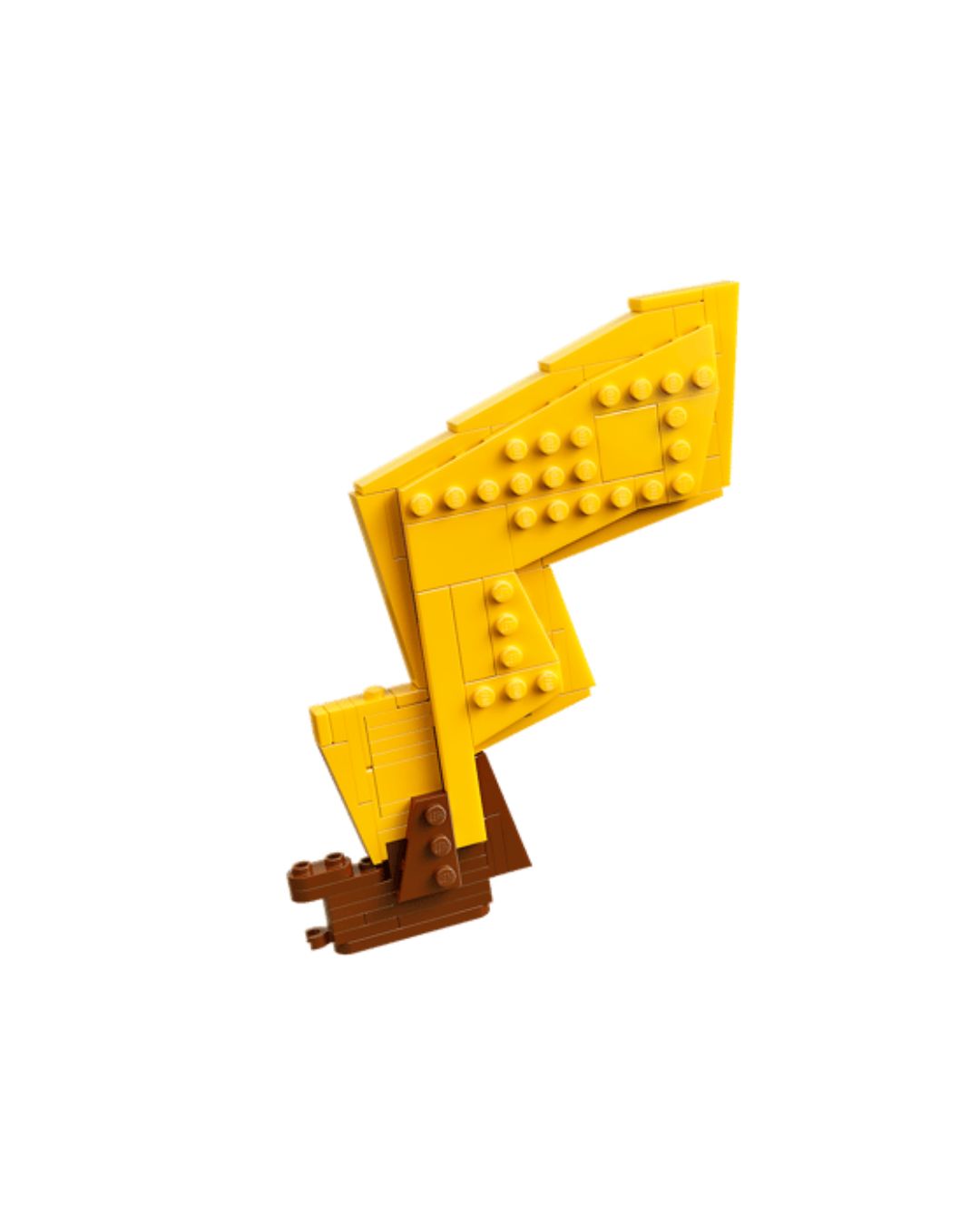 Yellow and brown construction vehicle model made of interlocking bricks on a white background