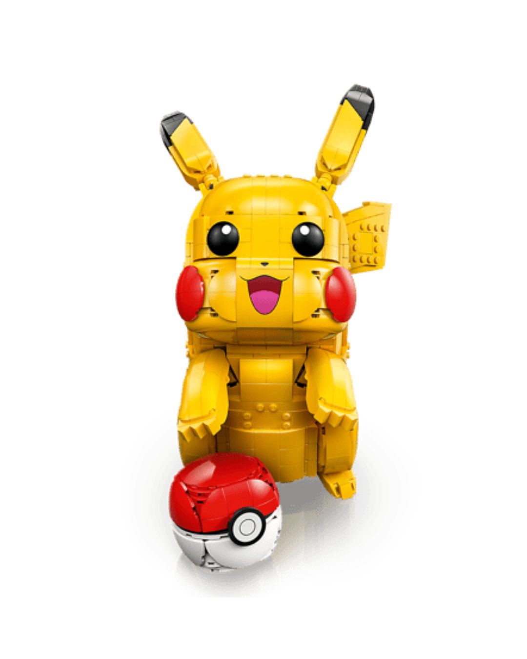 Yellow robot Pikachu toy with a red and white ball on a white background
