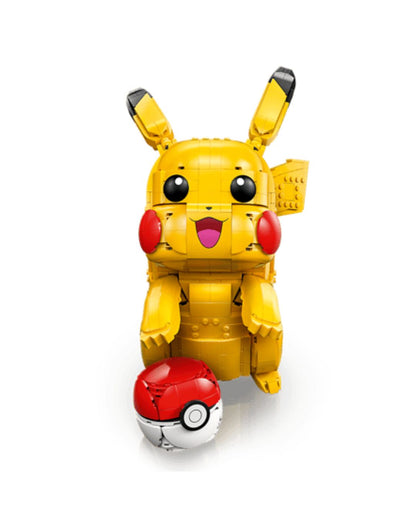 Yellow robot Pikachu toy with a red and white ball on a white background