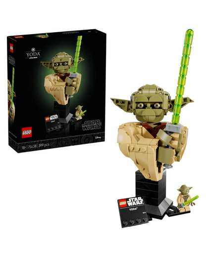 LEGO Yoda set with packaging on a white background