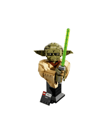 LEGO Yoda figure with a green light saber on a white background