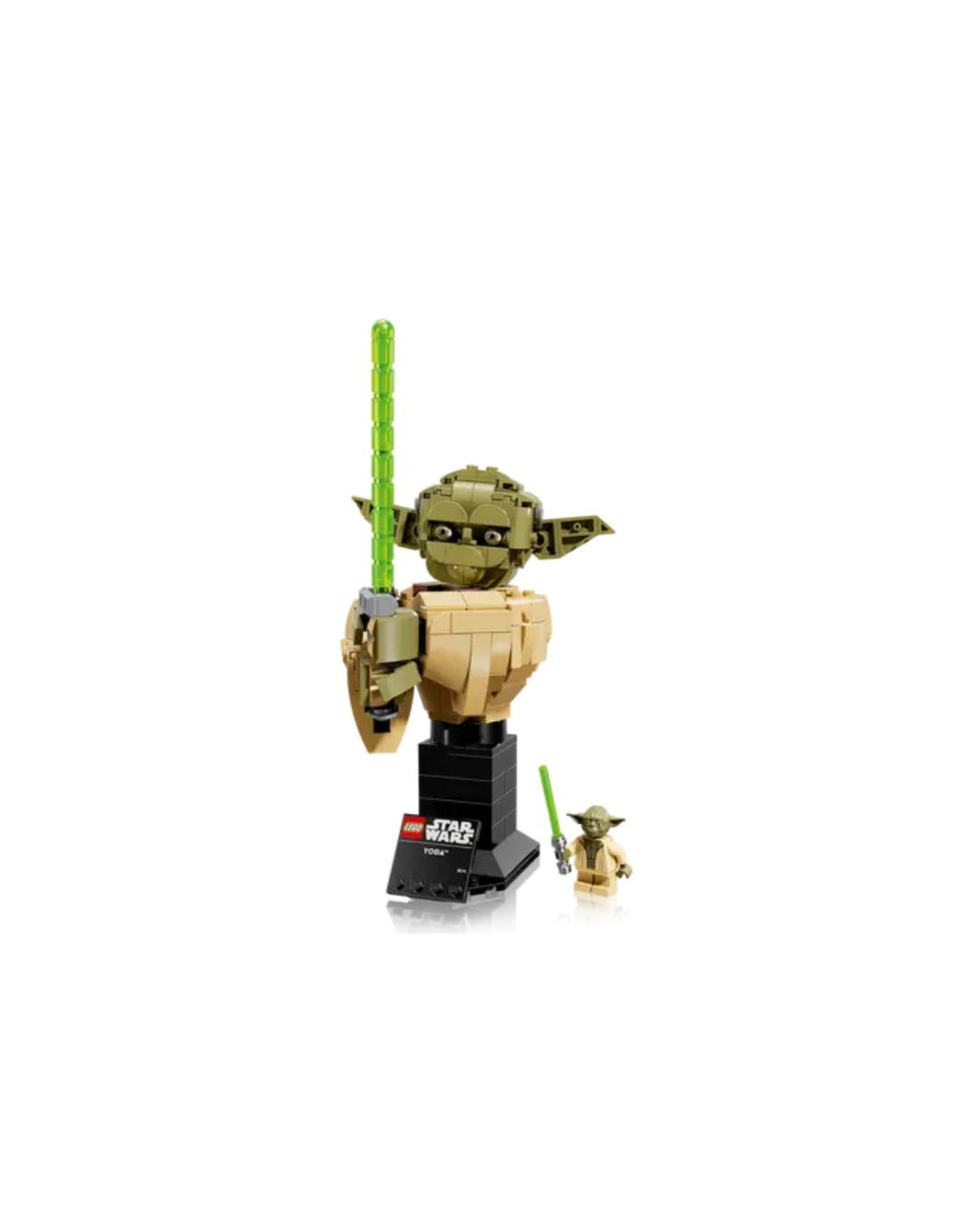 LEGO Yoda figure with a green light saber on a white background