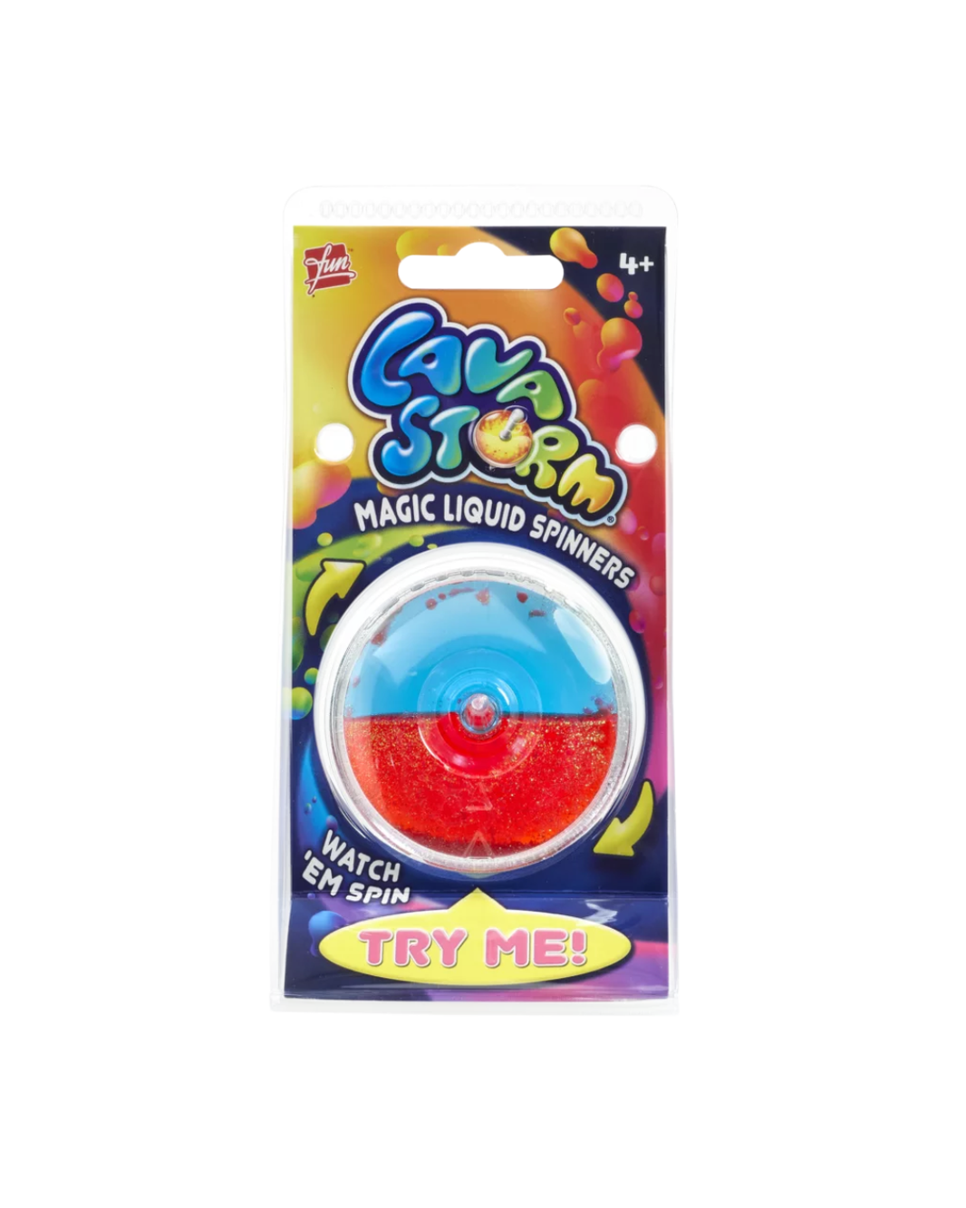 A packaged toy called 'Lava Storm Magic Liquid Spinners' on a white background. The product is a round plastic spinner with a blue top and red glittery bottom, sealed in a clear plastic blister pack with a colorful cardboard backing featuring cartoon graphics and text like 'TRY ME!'.
