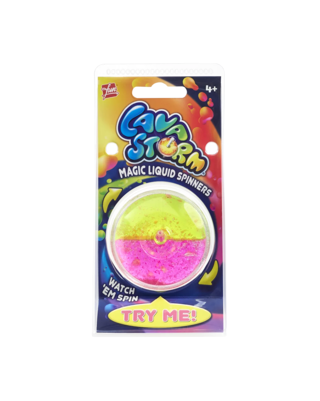 A packaged toy product labeled 'Lava Storm Magic Liquid Spinners' on a white background. The item is in retail blister packaging with a colorful printed card and a round clear container holding two neon pink/yellow liquid spinner pieces.