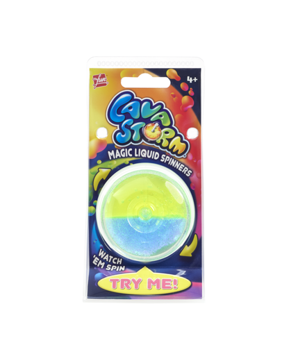 A packaged toy product labeled 'Lava Storm Magic Liquid Spinners' on a white background. The item shows a round, translucent disc with a yellow-to-blue color gradient, mounted on a colorful printed card with 'TRY ME!' and age 4+ text.