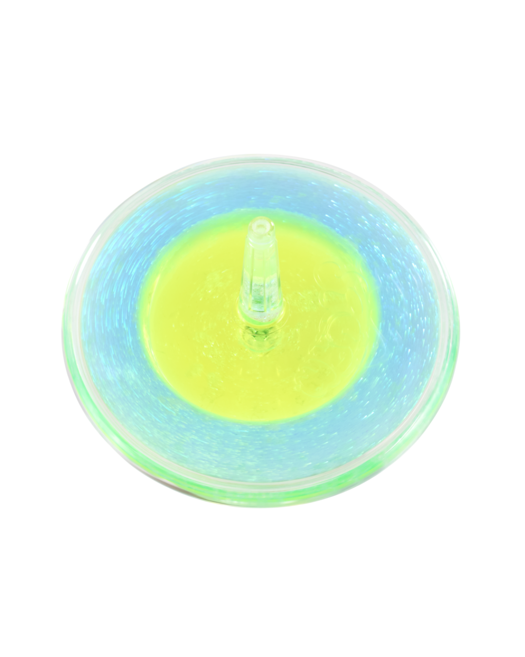 A Lava Storm spinner top spinning on a plain white background, showing a bright neon yellow-green center with a light blue outer ring and a clear outer rim.