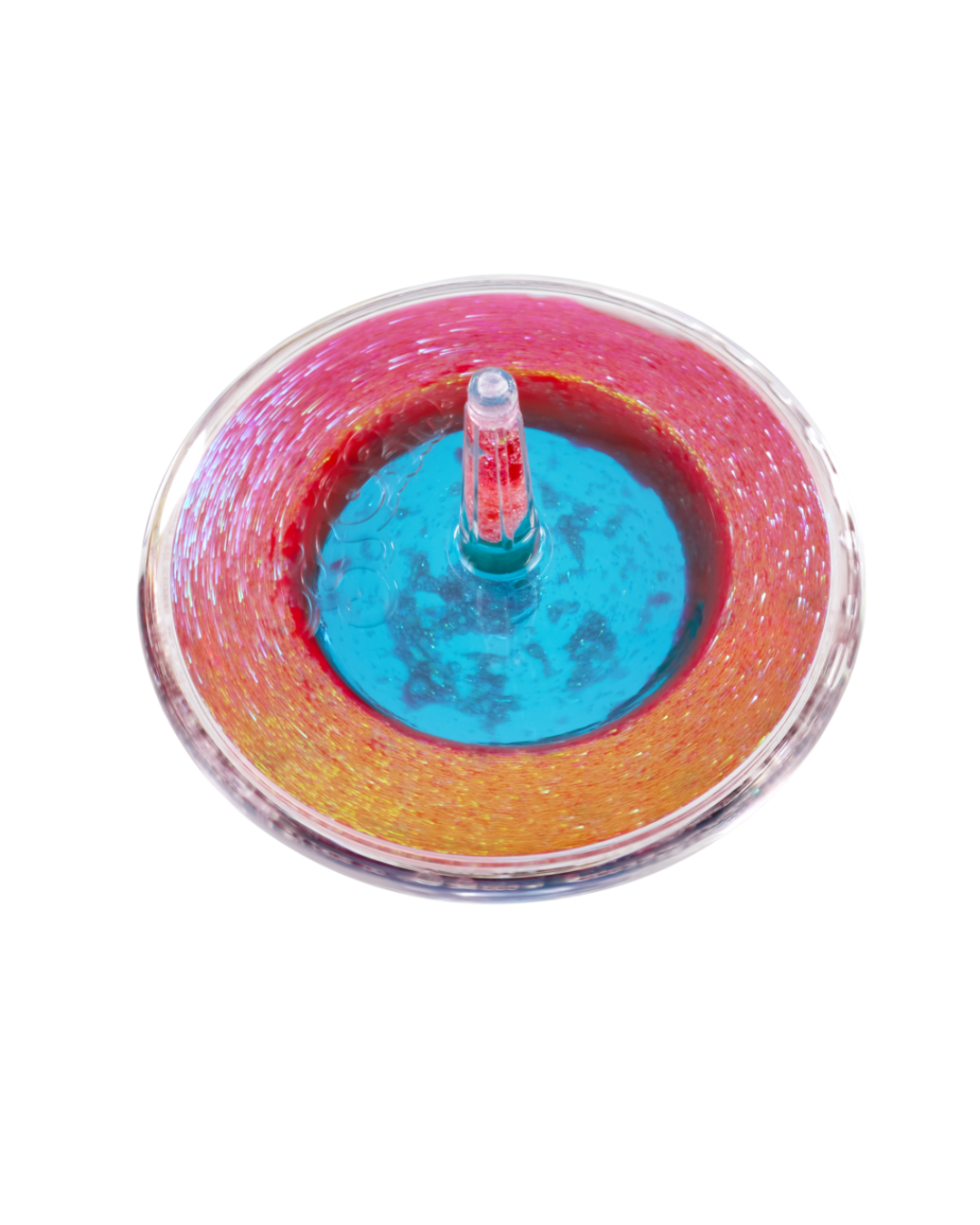 A Lava Storm spinner top with a colorful gradient design transitioning from pink and orange to yellow, surrounding a bright blue center with a clear central stem.