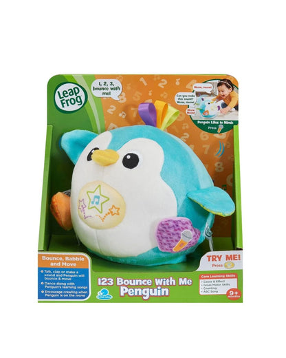 LeapFrog 123 Bounce With Me Penguin toy in its original retail packaging, featuring a plush blue and white penguin with colorful interactive features.