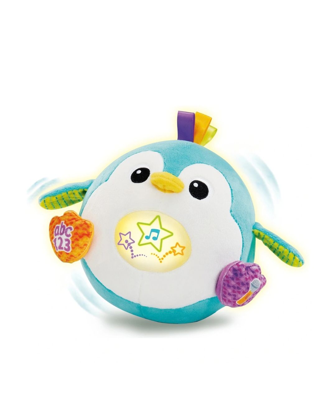 LeapFrog Bounce with me penguin toy with a light blue and white body, yellow beak, and multicolor accents including a purple belly patch, green wings, and a yellow-and-purple tail, shown on a white background.