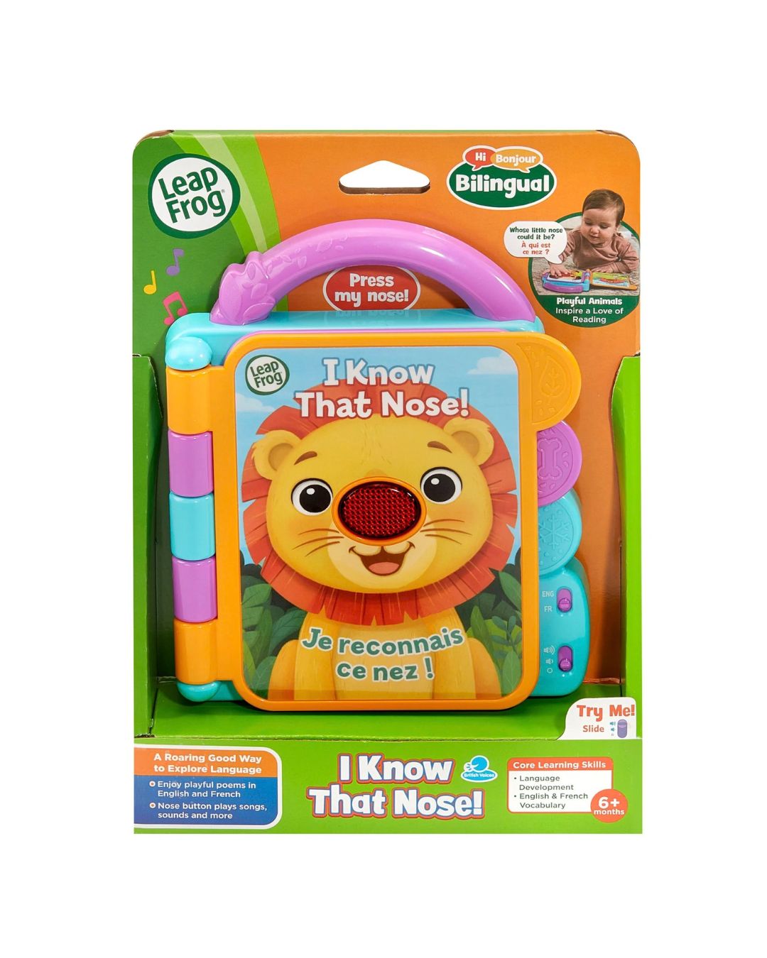 LeapFrog Bilingual I Know That Nose! toy in its original retail packaging, featuring a colorful book with a lion face and interactive buttons.