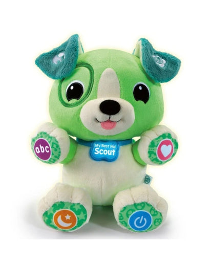 A LeapFrog My First Pet Scout plush toy dog, featuring a green and white body, teal floppy ears, and colorful button pads on its paws and feet.