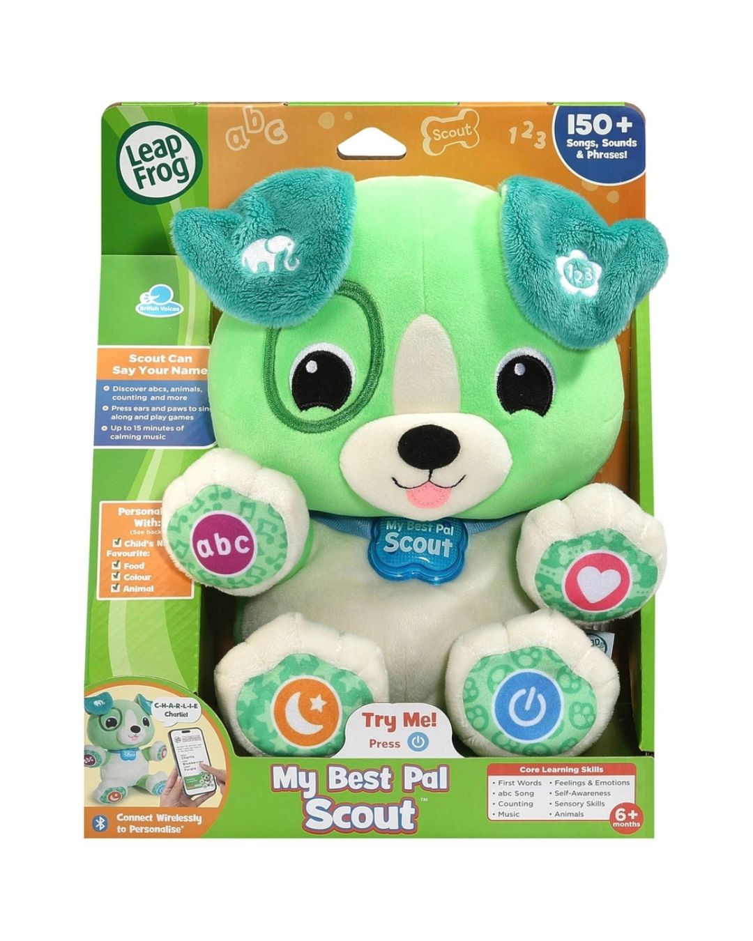 Green puppy in the carboard packaging