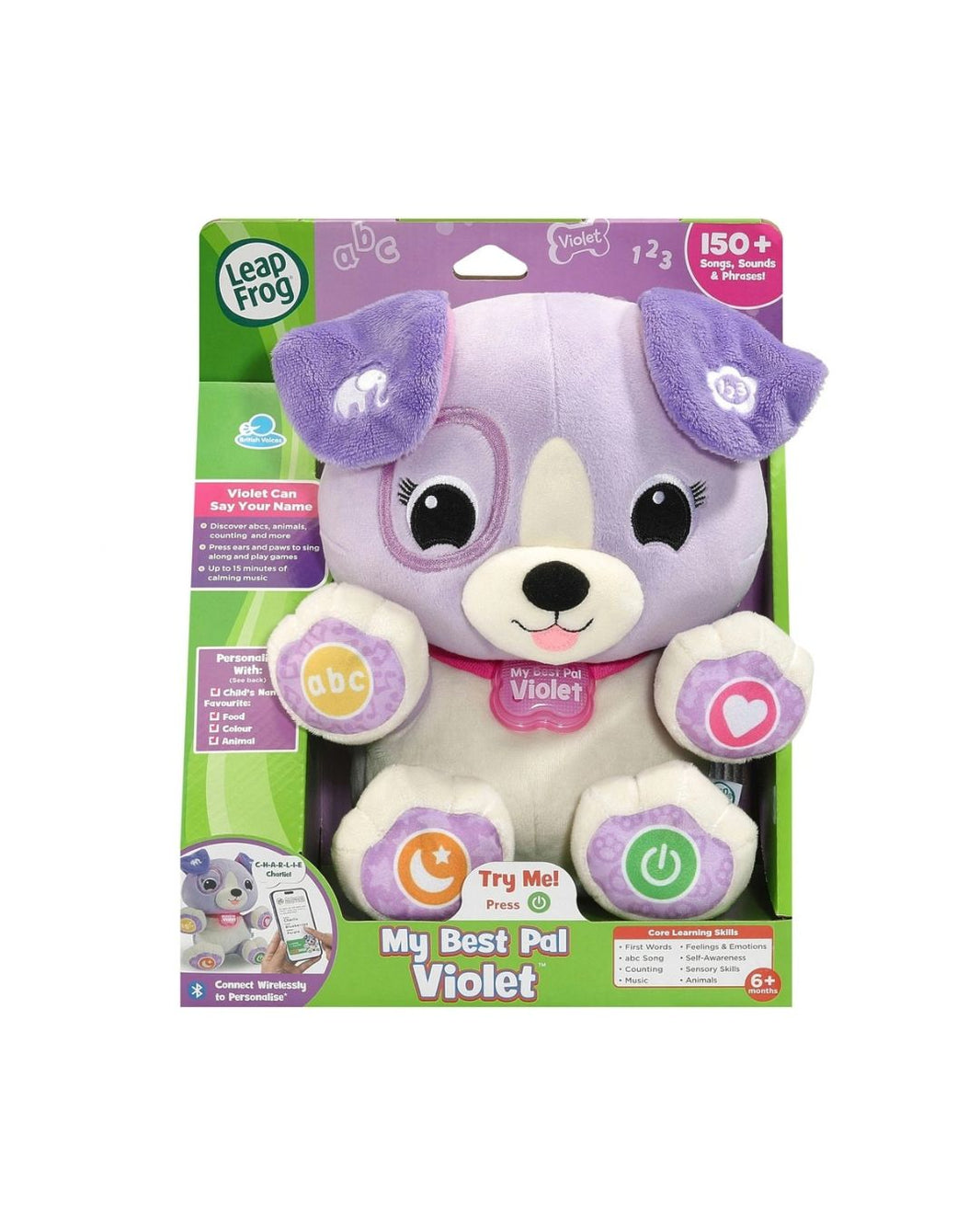 LeapFrog My Best Pal Violet interactive plush dog toy in its original retail packaging, featuring a purple and white plush dog with colorful button pads on its paws and ears.