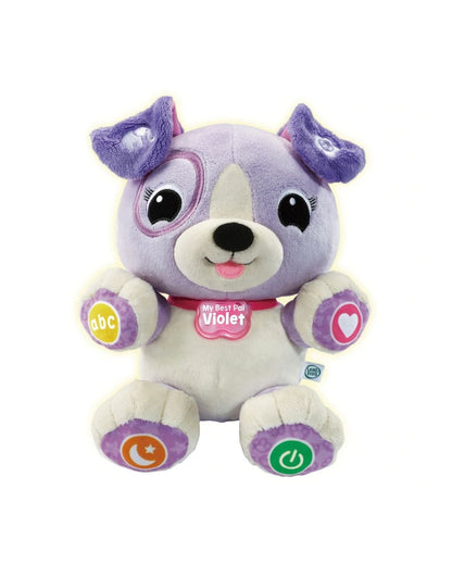 LeapFrog 'My Best Pal Violet' purple and white plush dog toy with interactive buttons on its paws and a red collar that reads 'My First Pet Violet'.
