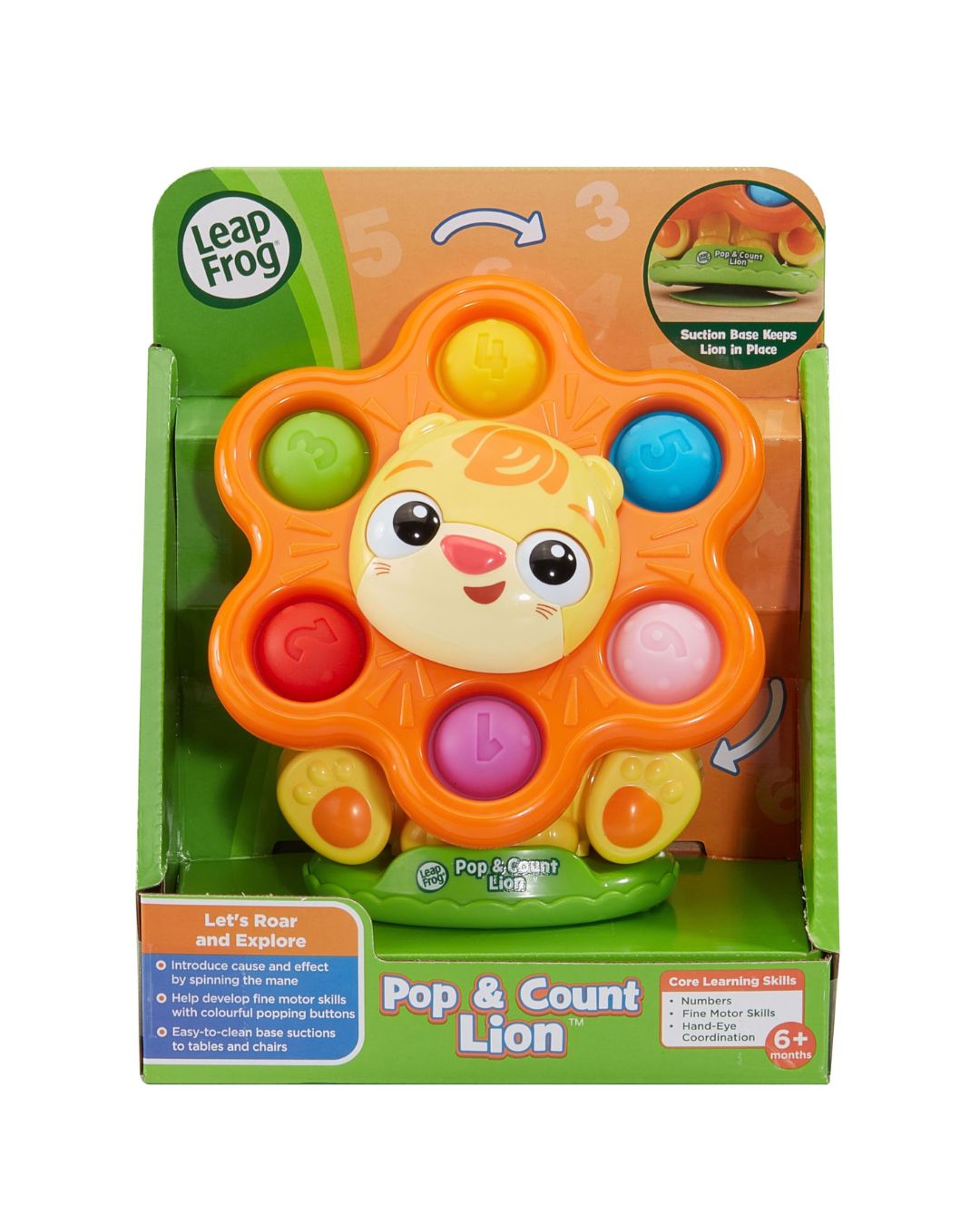LeapFrog Pop & Count Lion toy in its original retail packaging, featuring a bright orange lion face with colorful pop-out buttons.
