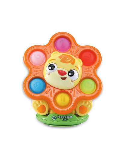 A LeapFrog Pop & Count Lion toy with a bright orange flower-like frame, colorful circular buttons, and a cartoon lion face in the center on a white background.