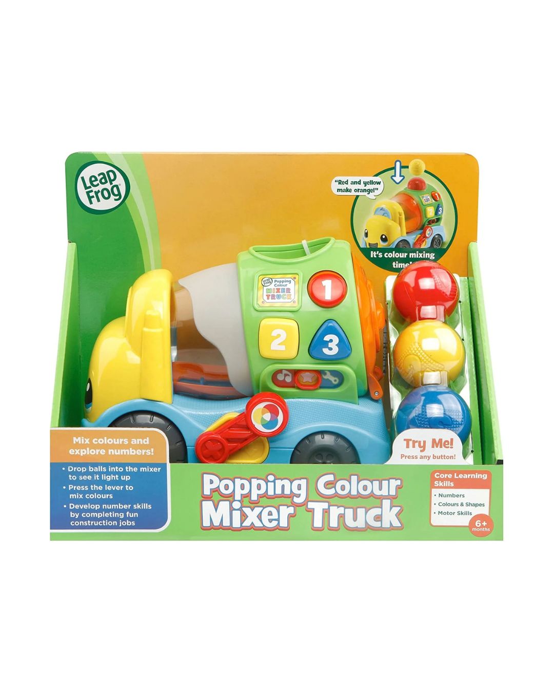 LeapFrog Popping Colour Mixer Truck toy in its original retail packaging, featuring a colorful plastic truck with numbered buttons and three pop-up balls.
