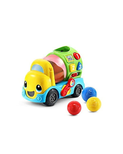 LeapFrog Popping Colour Mixer Truck with a smiling face, shown with three matching numbered balls on a clean white background.