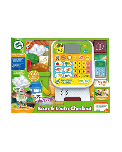 LeapFrog Scan & Learn Checkout interactive toy set in its original retail packaging, featuring a colorful toy cash register and play money.