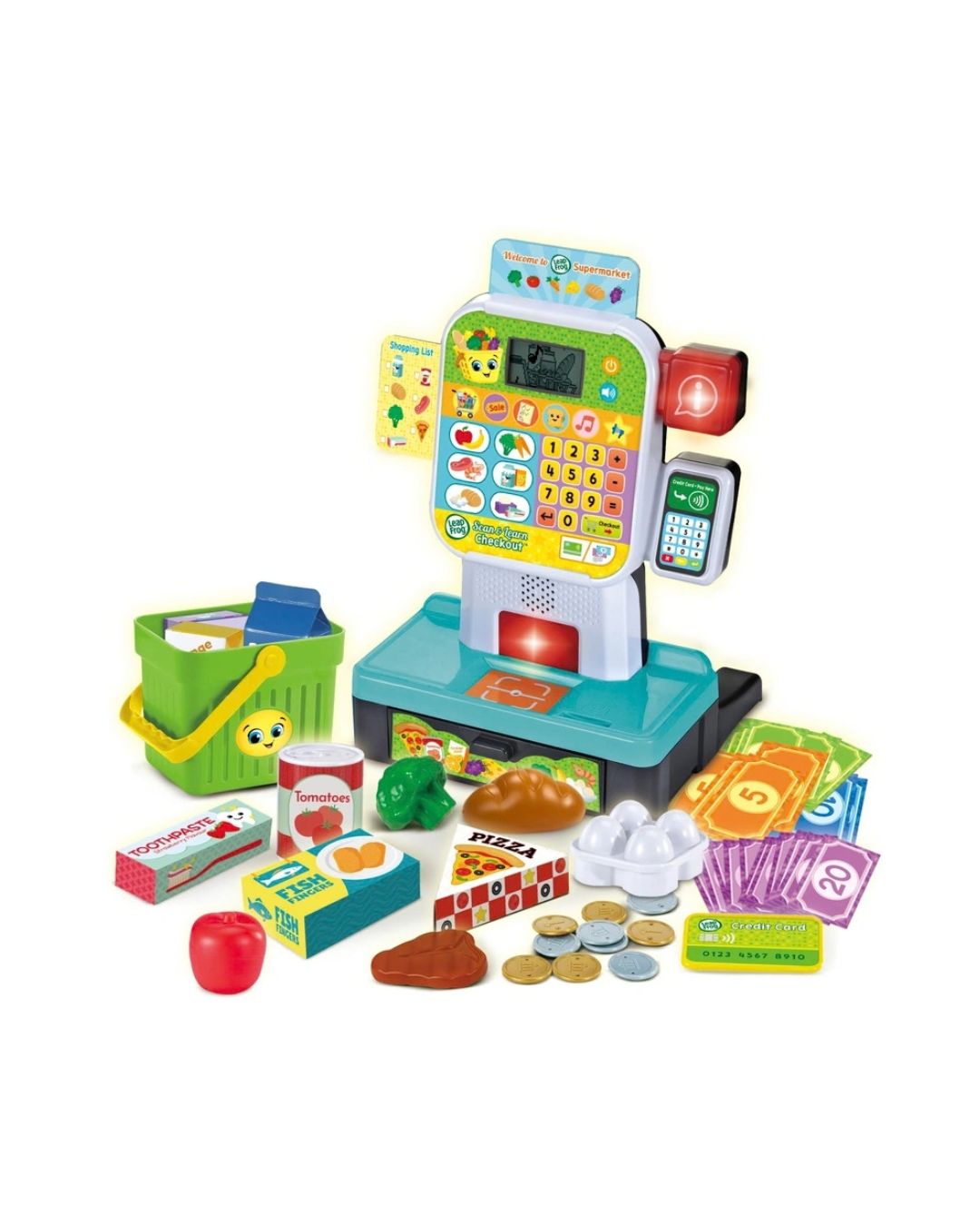 LeapFrog Scan and Learning Self Checkout shopping set with a toy cash register, toy basket, toy money, and assorted play food and accessories on a plain white background.