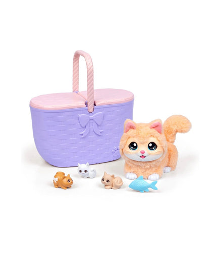 Little Live Pets- Mama Surprise! Kitty Playset with a plush toy cat set with a lavender and pink picnic basket, a large orange plush cat, and 3 small kittens with a visible fish accessory on a white background.