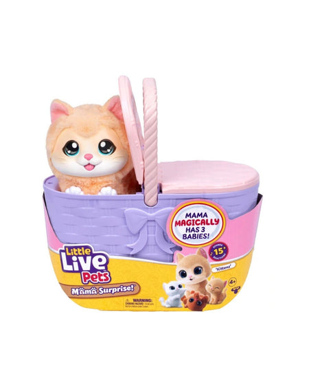 Little Live Pets Mama Surprise! toy set featuring a plush orange-and-white cat sitting in a purple, pink, and yellow basket package on a white background.