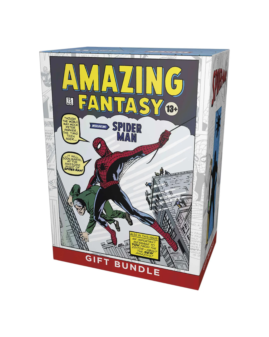 A boxed comic-style gift bundle titled "Amazing Fantasy" featuring Spider-Man artwork on the front, photographed on a plain white background.