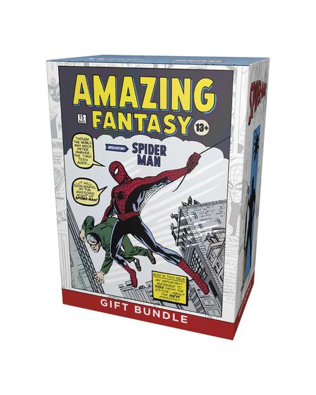 A boxed comic-style gift bundle titled "Amazing Fantasy" featuring Spider-Man artwork on the front, photographed on a plain white background.