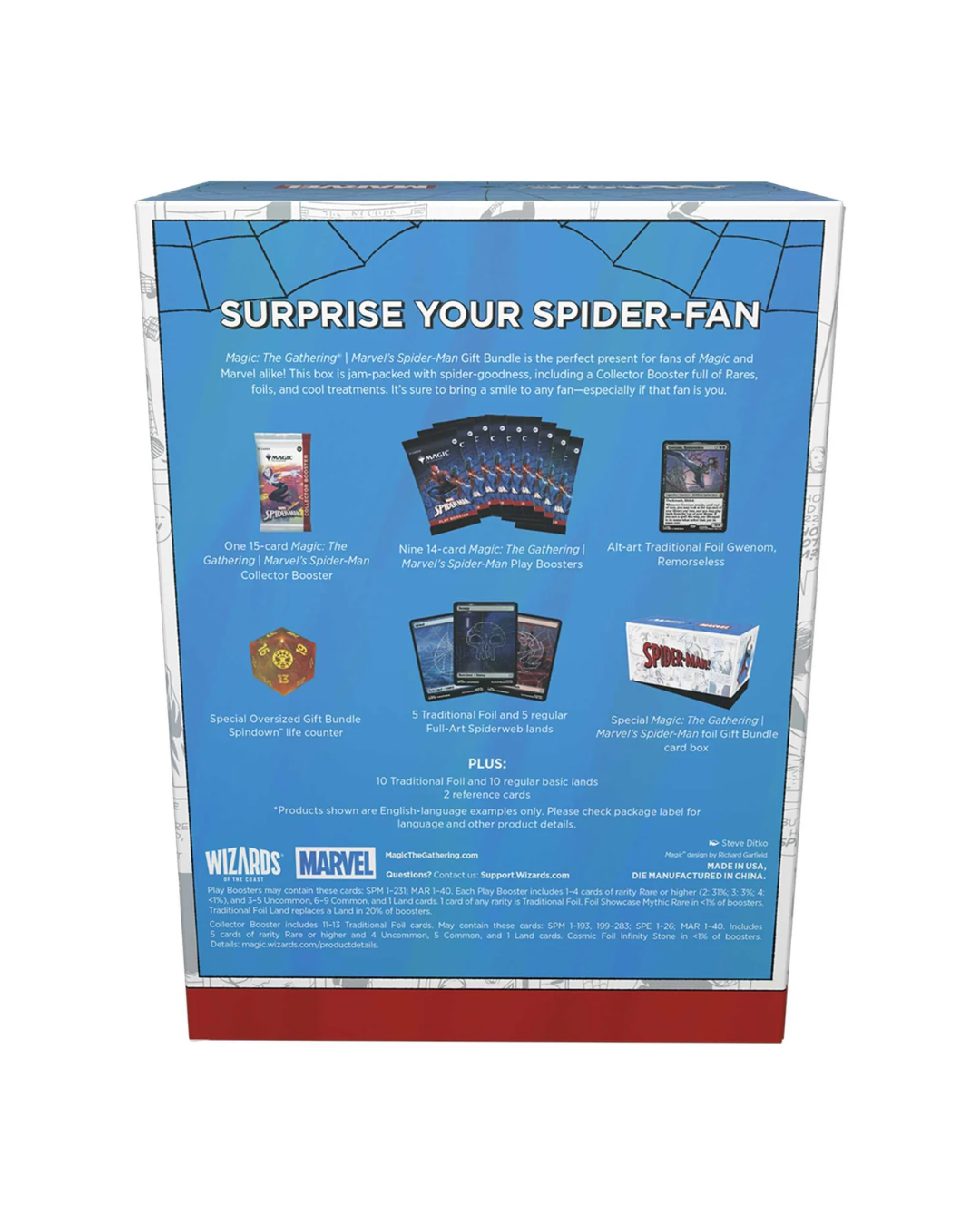 The back of a Marvel Magic: The Gathering product box, featuring a blue panel with product information, illustrations, and the Wizards logo.