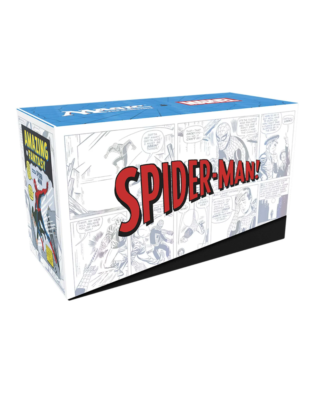 A boxed Spider-Man Magic the Gathering product shown at an angle on a plain white background. The box features comic-style black-and-white panel artwork, large red 'SPIDER-MAN' lettering, and a blue top band with Marvel branding.