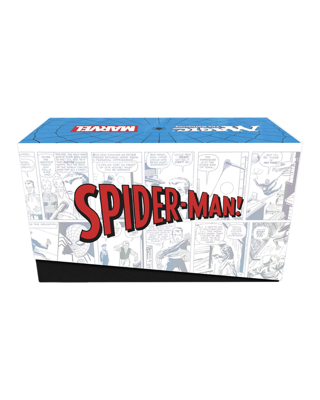 Marvel Magic: The Gathering Spider-Man themed card box, featuring a comic book panel pattern background with the large red 'SPIDER-MAN!' logo on the front and a blue top panel with the Marvel logo.