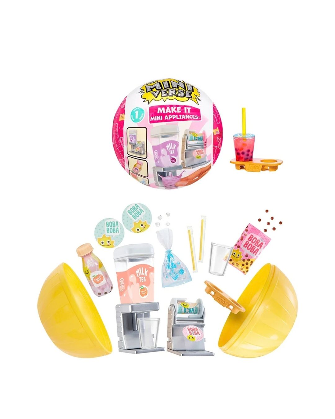 An MGAs Miniverse- Make it Mini Appliances surprise egg set on a white background, showing the assorted small craft and accessory pieces below, including a drink cup, straws, stickers, and small food-themed pieces.