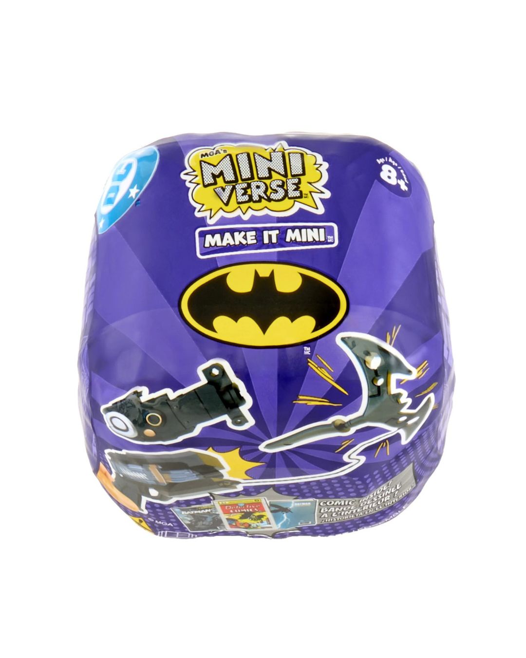 A purple blind bag toy package for 'Mini Verse: Make It Mini!' featuring Batman-themed graphics, including the Batman logo and illustrations of a Batpod and Batwing, on a white background.