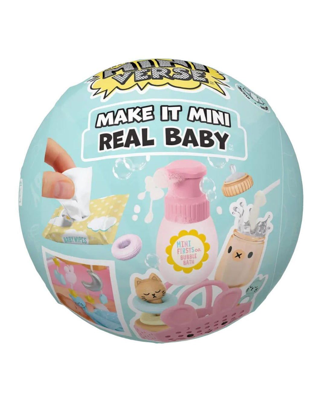 A round Mini Verse packaging featuring the text 'MAKE IT MINI REAL BABY' and illustrations of baby-themed items like a pink bottle, a cup, and a small cat toy.
