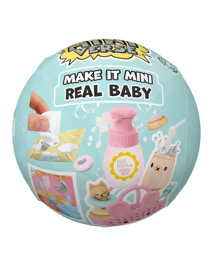 A round Mini Verse packaging featuring the text 'MAKE IT MINI REAL BABY' and illustrations of baby-themed items like a pink bottle, a cup, and a small cat toy.