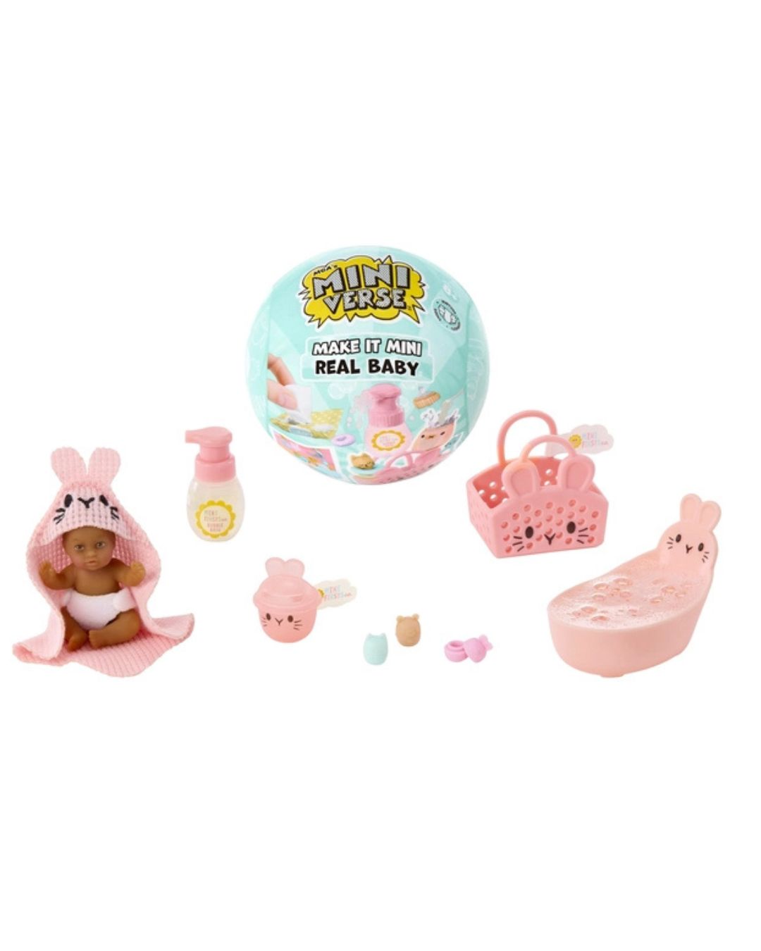 A Mini Verse 'Make It Mini Real Baby' toy set featuring a pink bunny hooded baby doll, a pink basket, a pink bath tub, a pink bottle, and a light blue round egg-shaped package on a white background.