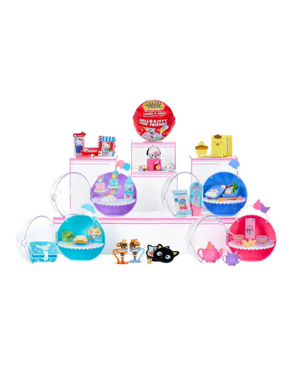 Sanrio contents kitchen sets displayed on a white background, featuring multiple colorful round and oval compartments, small miniature furniture pieces, toy food and items.