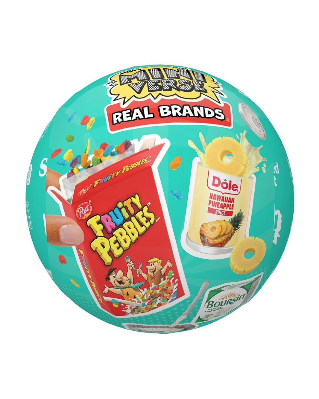 A round Miniverse ball featuring retro cartoon graphics and text, including 'Fruity Pebbles' and 'Dole Hawaiian Pineapple Cereal', on a plain white background.