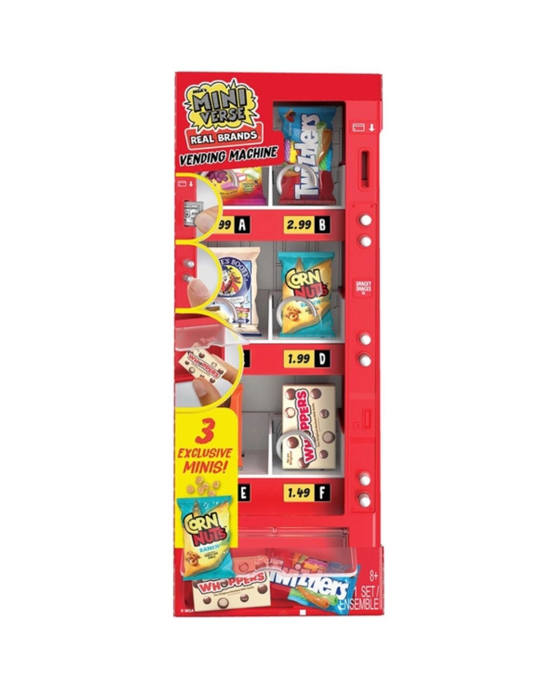 A red novelty vending machine toy labeled 'Real Brands Vending Machine' with simulated snack compartments and buttons, shown on a plain white background.